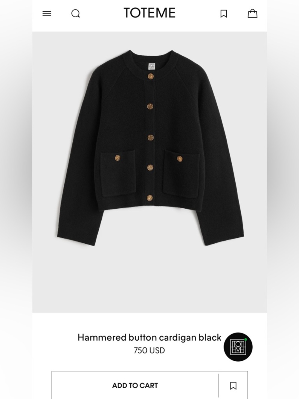 Toteme Women Hammered
Button Cardigan Black L
